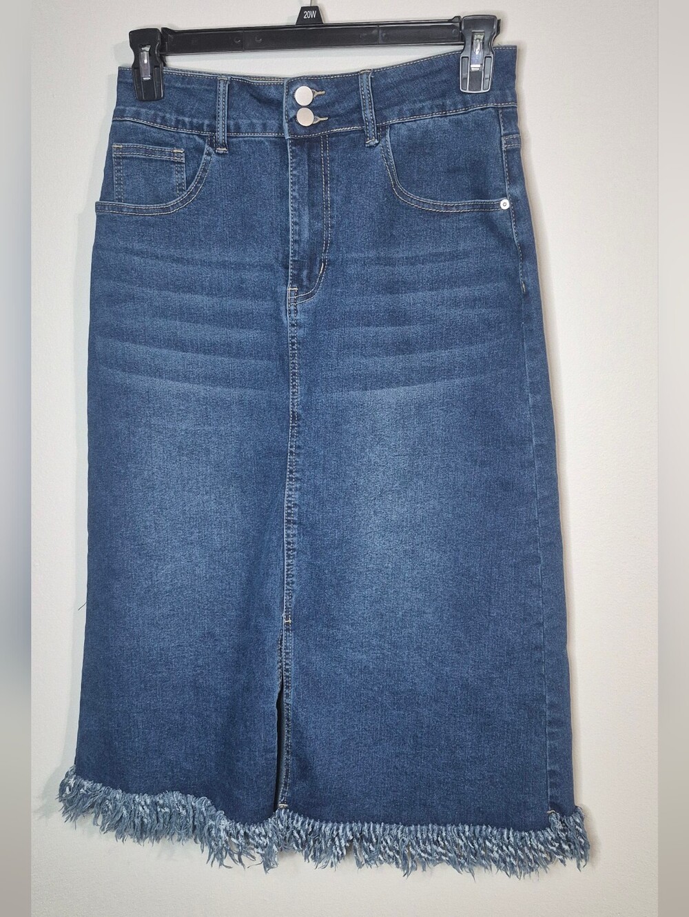 Dark Blue Denim Midi Skirt with Frayed Hem